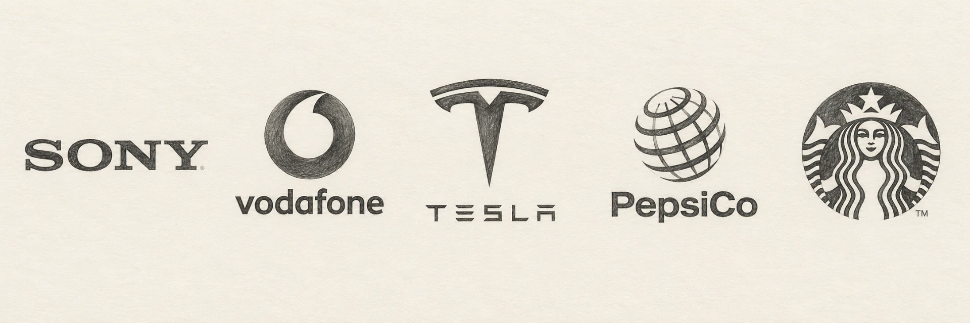 Drawn depictions of Sony, Vodafone, Tesla, PepsiCo and Starbucks, brands that used Viddyoze
