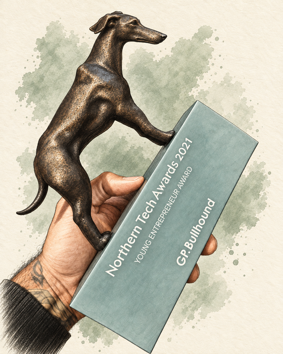 Illustration of the complete Northern Tech Awards hound trophy