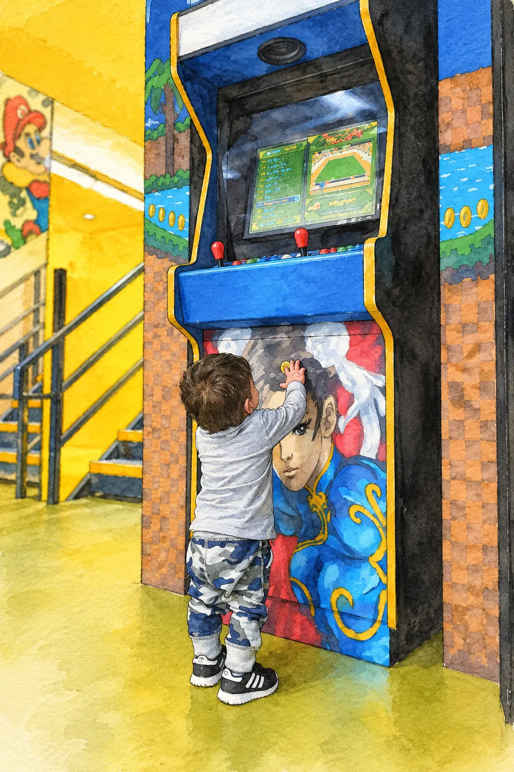 Illustration of my kid playing at the office arcade machine