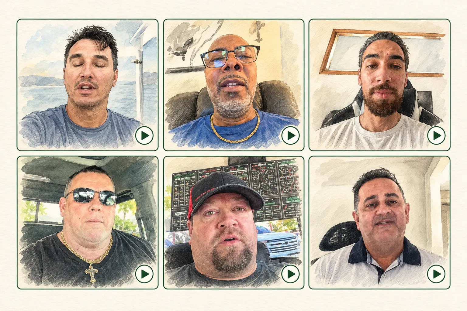 Illustrated preview of six community members’ video testimonials