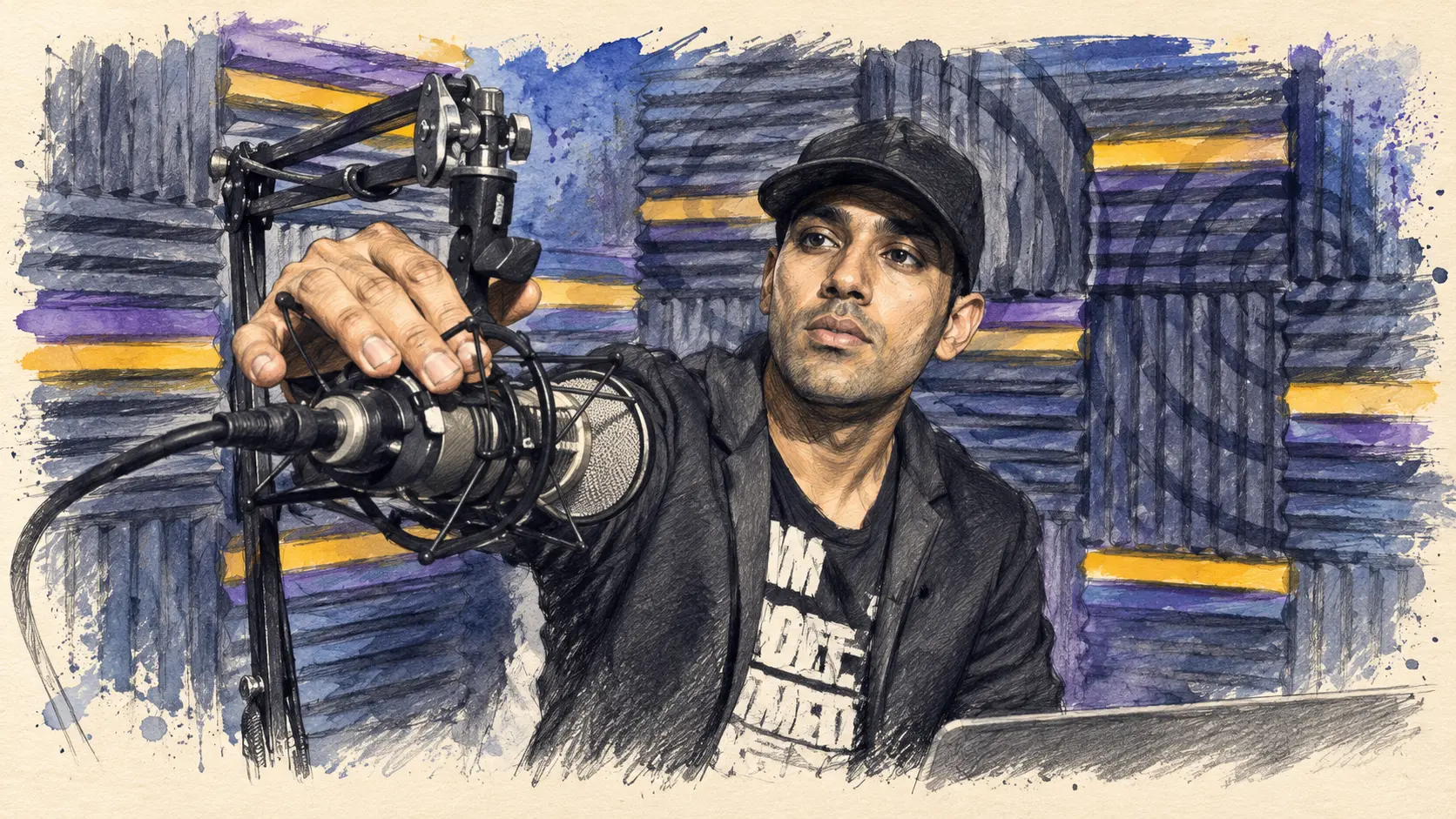 Illustration of Joey recording at a studio microphone