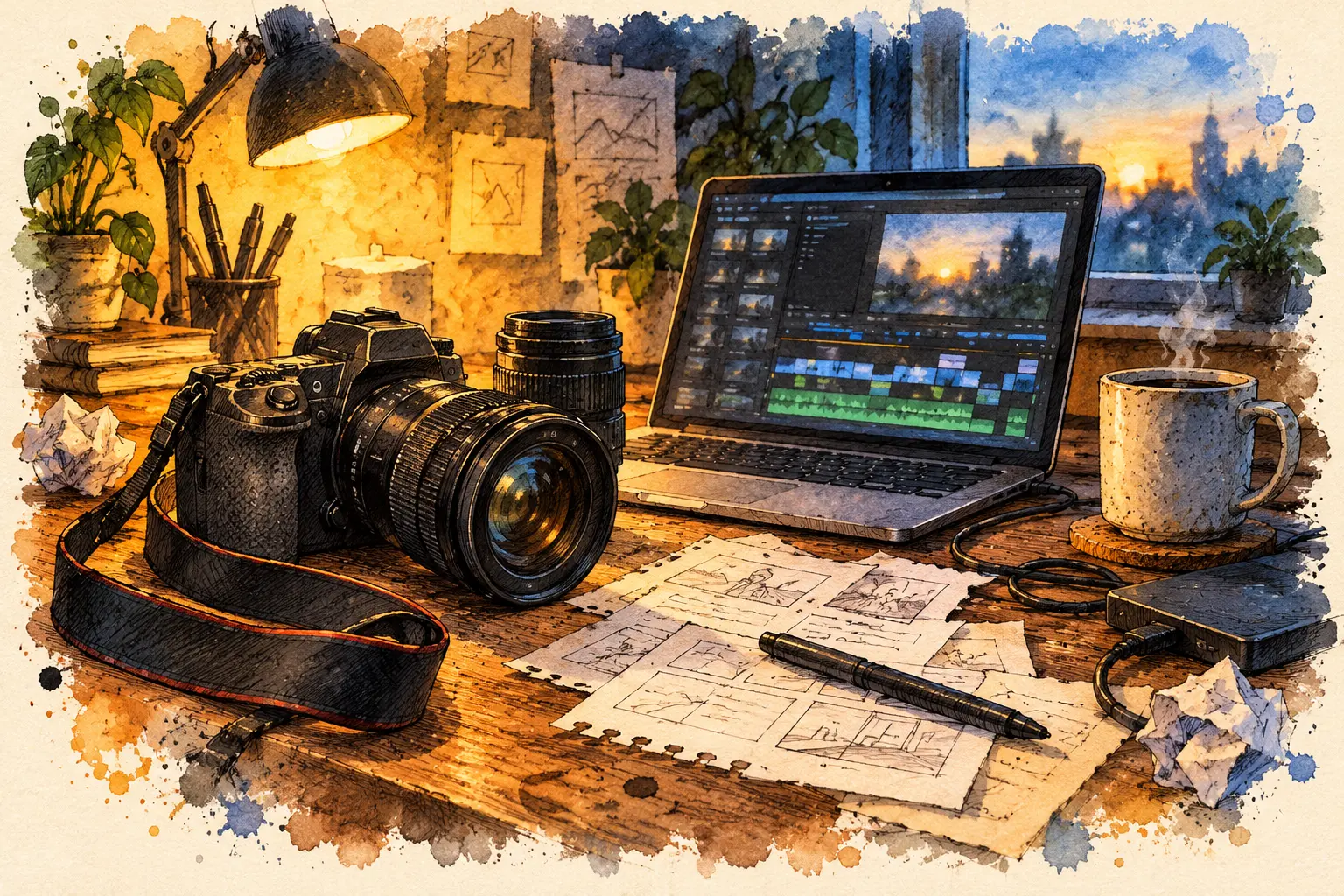Conceptual watercolour scene of borrowed camera equipment beside an overnight laptop edit