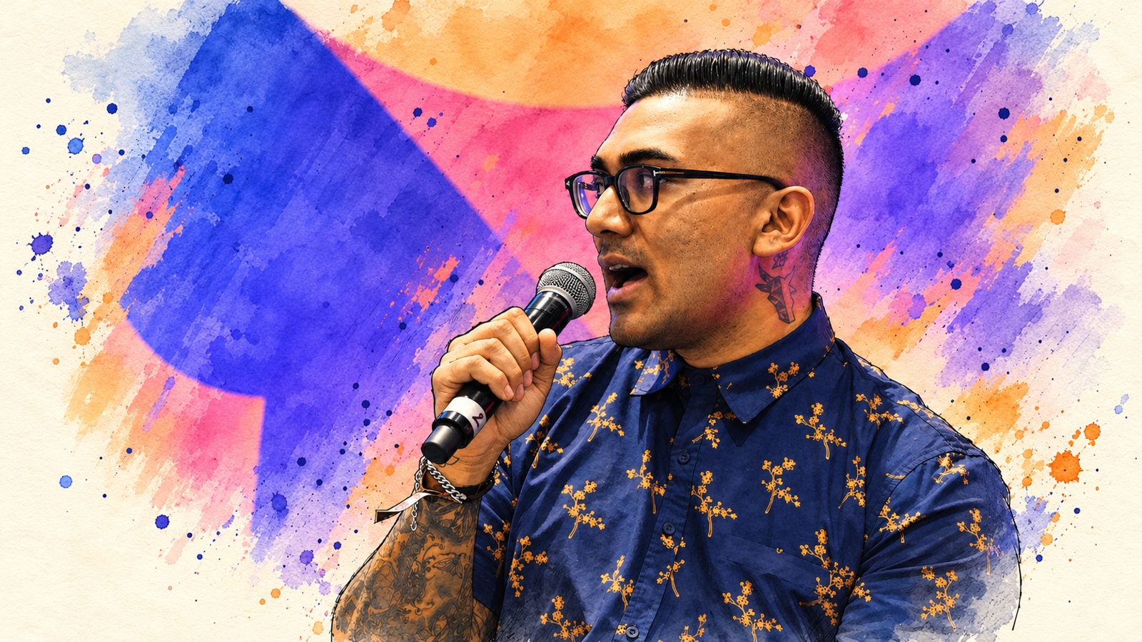 Illustration of Joey Xoto speaking on stage