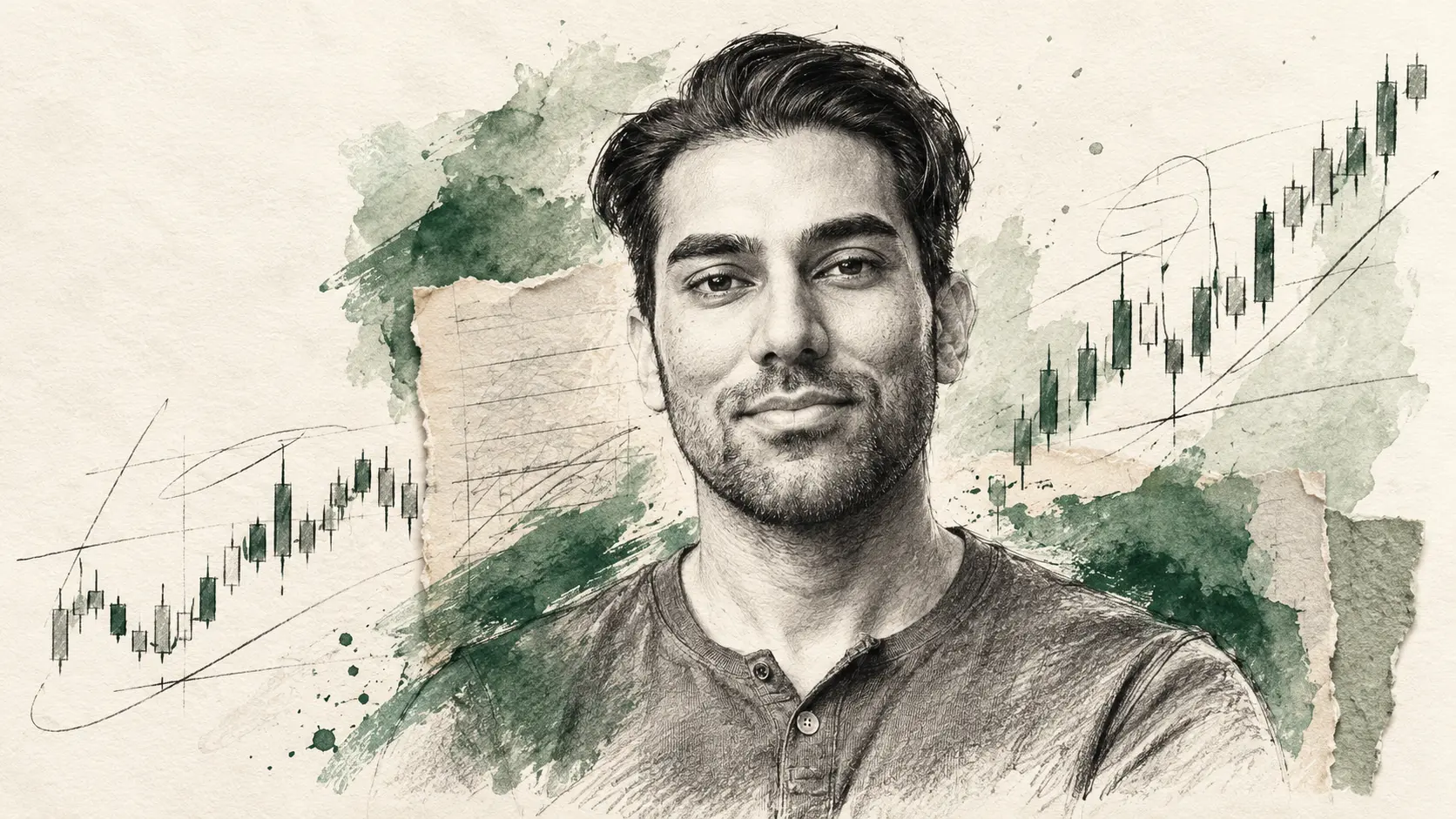 Illustrated portrait of Joey alongside trading charts
