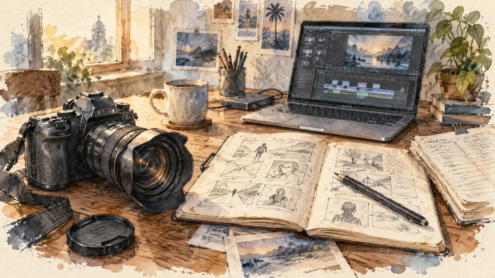 Conceptual watercolour illustration of a camera, editing laptop and notebooks on a desk