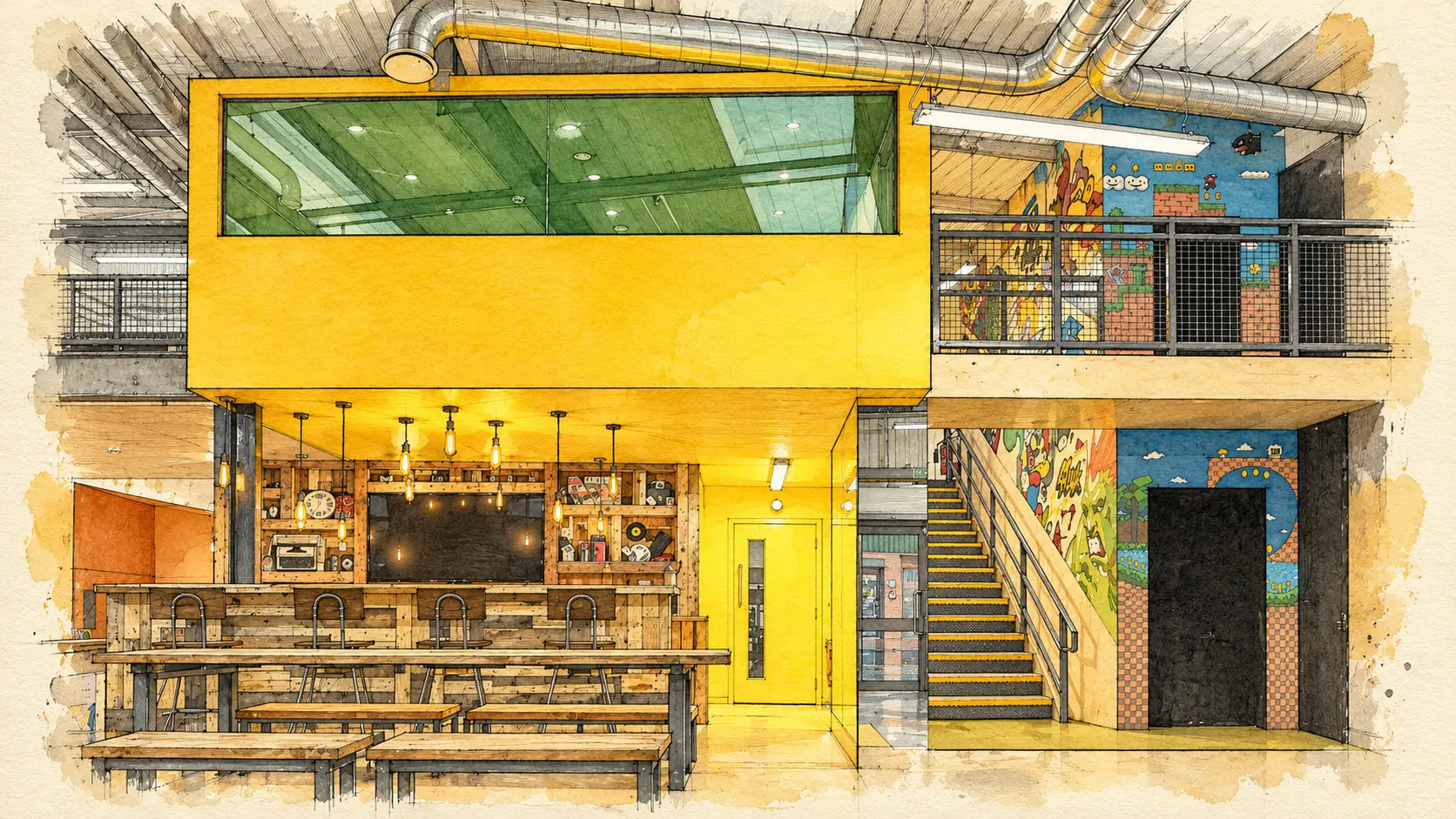 Illustration of the historical Viddyoze office with its yellow mezzanine