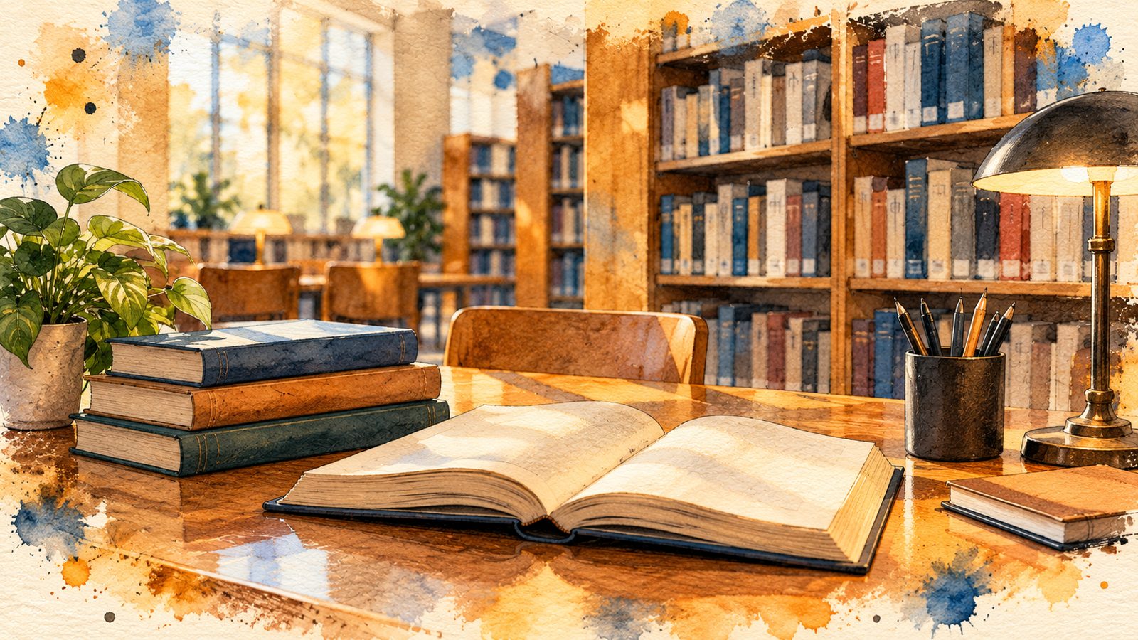 Illustration of a library desk with an open book