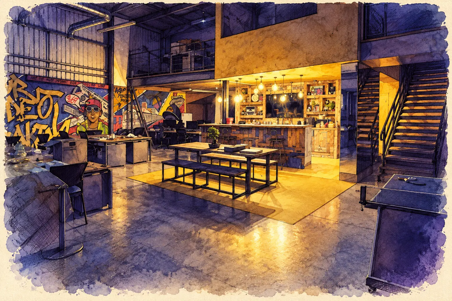 Illustration of the historical Viddyoze office after hours