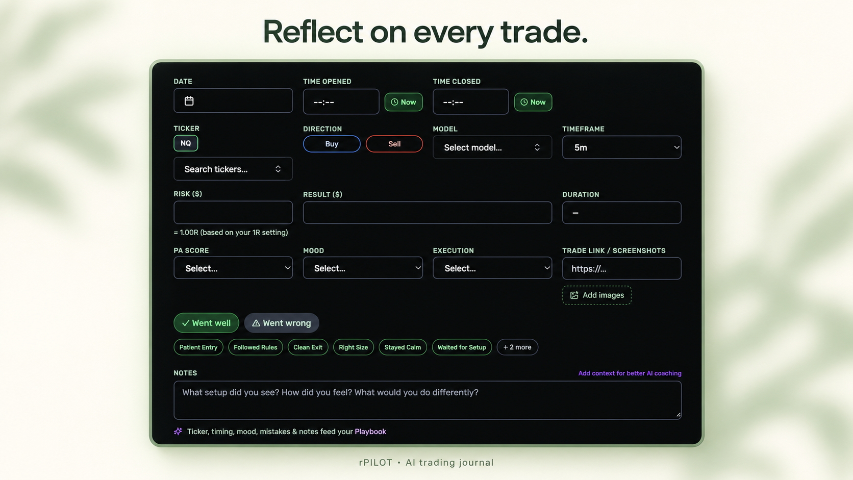 rPILOT trade-entry interface, anonymised