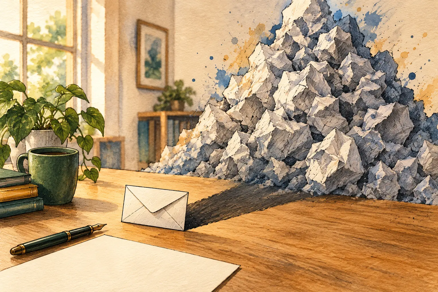 Conceptual watercolour scene of a small envelope casting an enormous mountain-shaped shadow