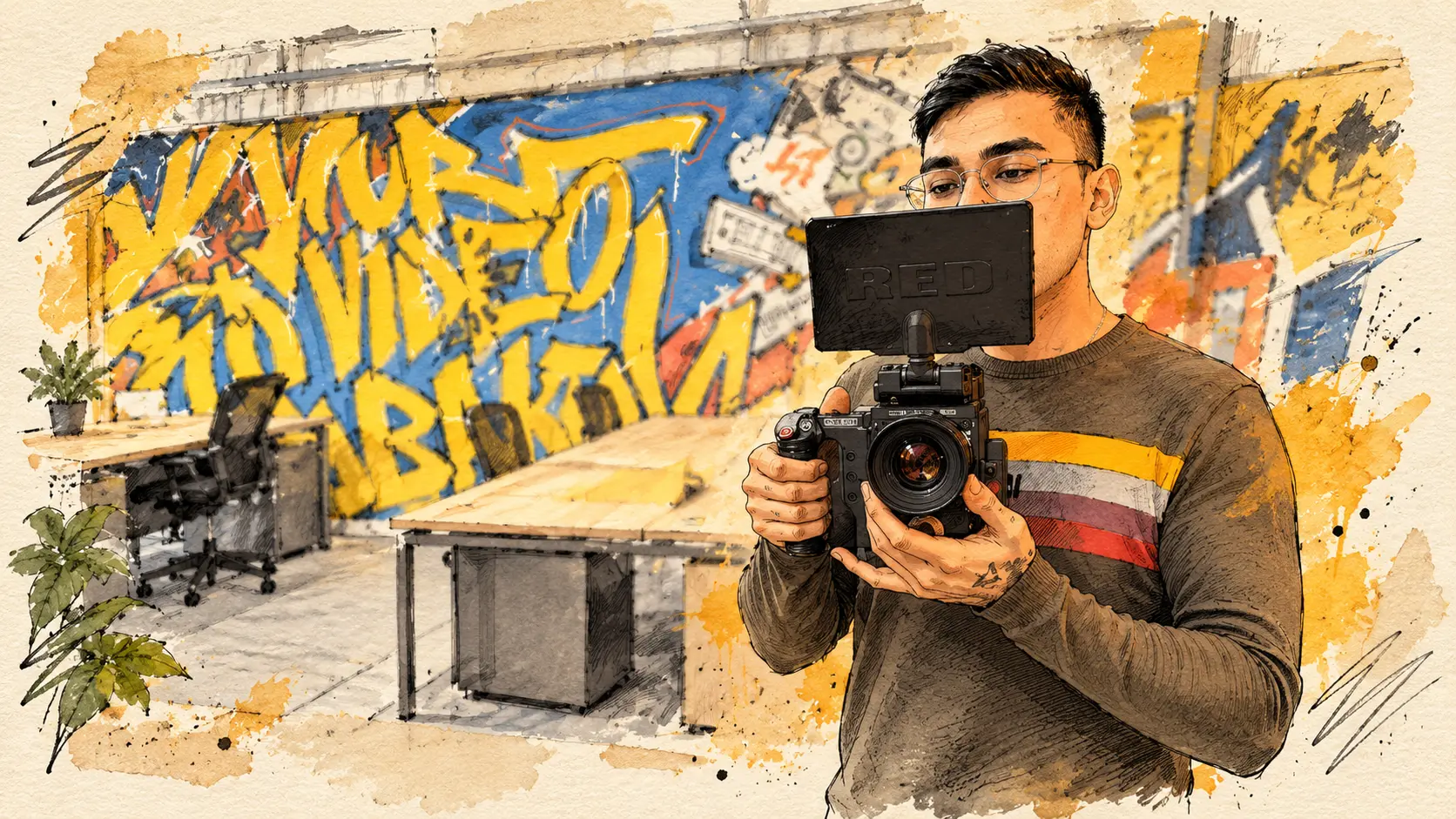 Illustration of Joey holding a RED cinema camera