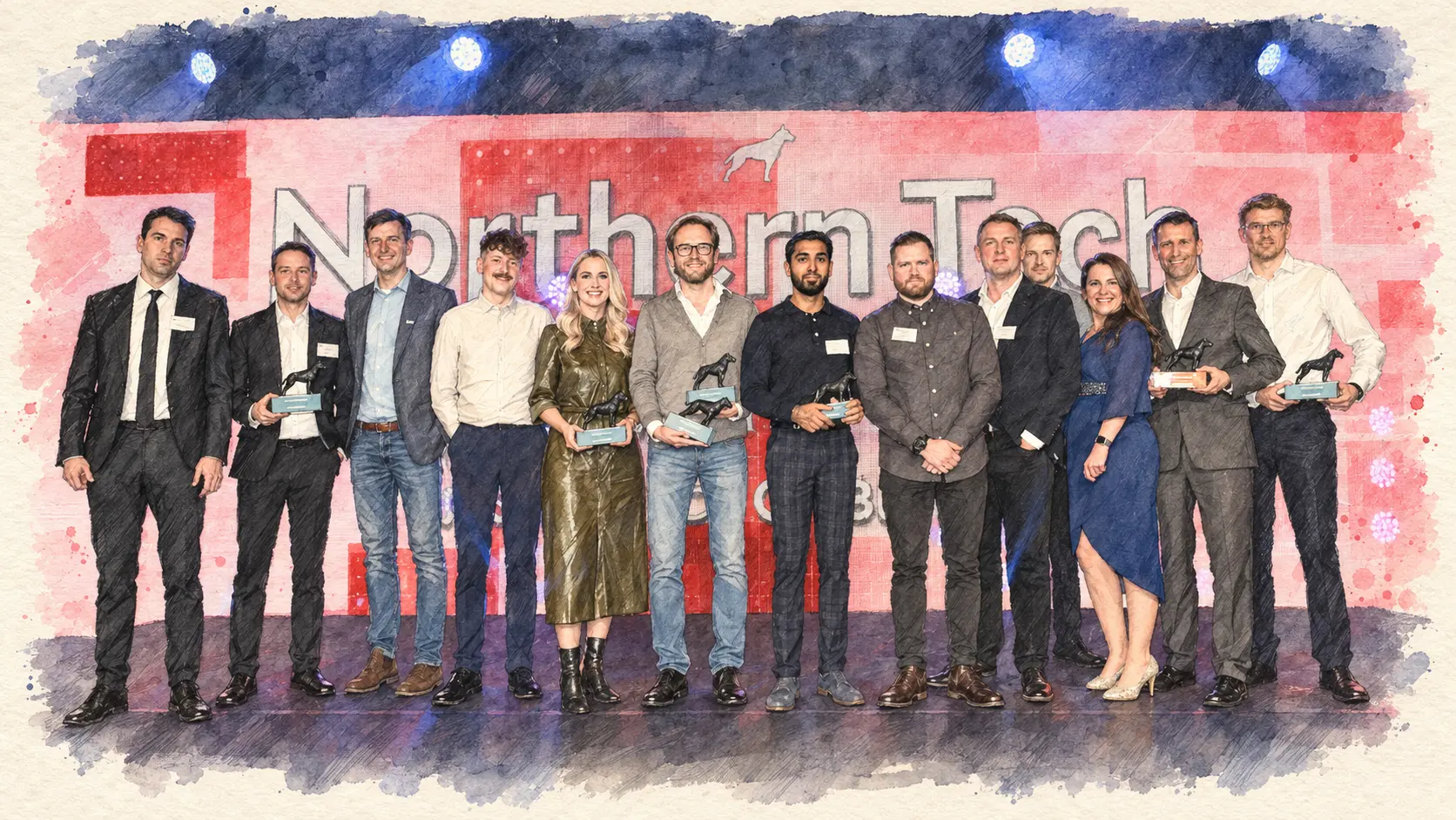 Illustration of the full Northern Tech Awards 2021 winners group on stage