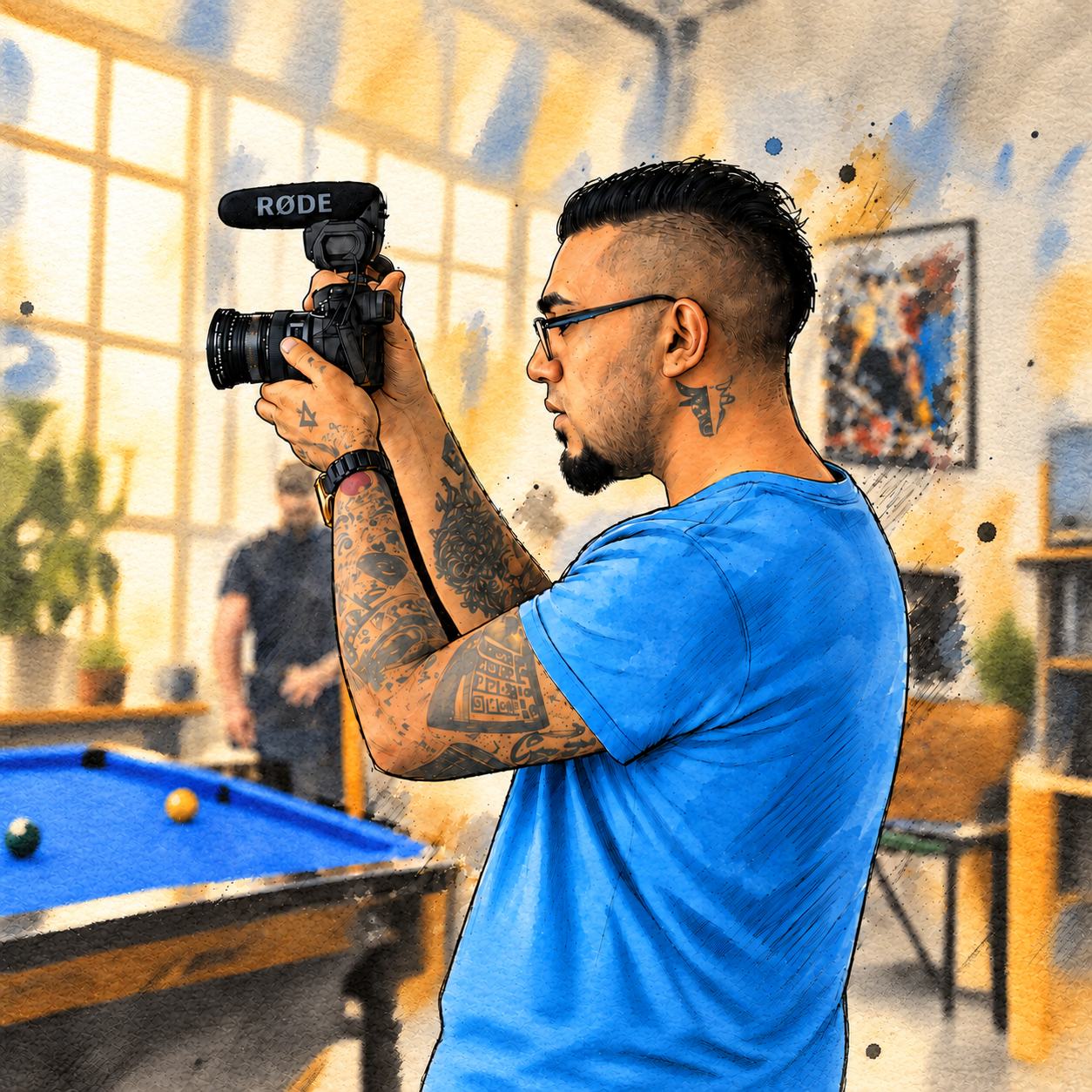Watercolour illustration of Joey holding a video camera, based on a personal photograph
