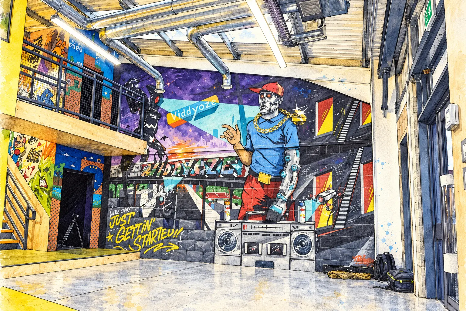 Illustration of the historical Viddyoze office mural