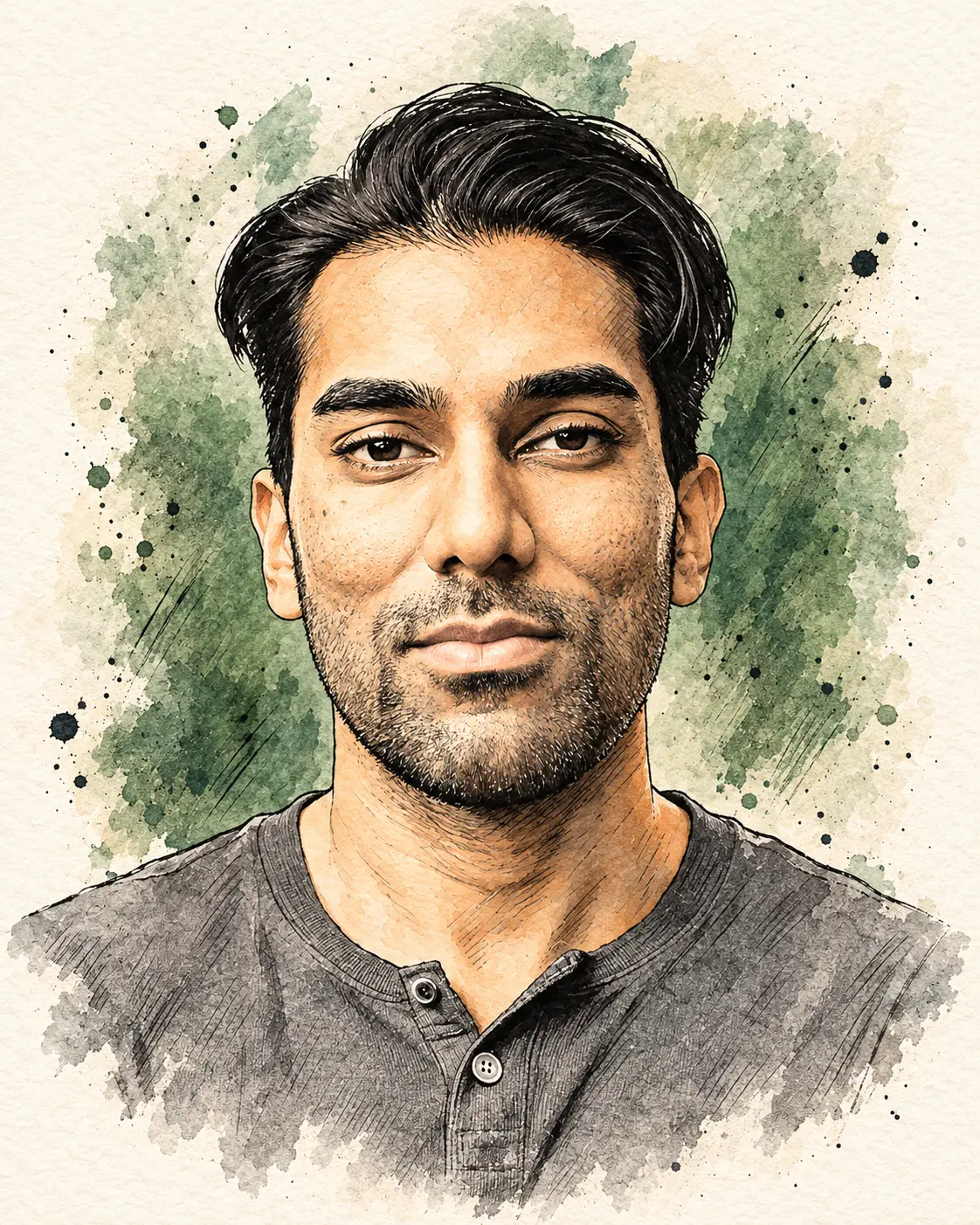 Ink and watercolour portrait of Joey Xoto, based on a photograph